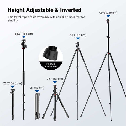  90 Inch Tall Overhead Horizontal Camera Tripod Monopod with Ball Head & Flexible Center Column, Metal DSLR Video Travel Stand, Arca Type QR Plate & Inverted Legs, Max Load 10 kg / 22 lbs, TP63