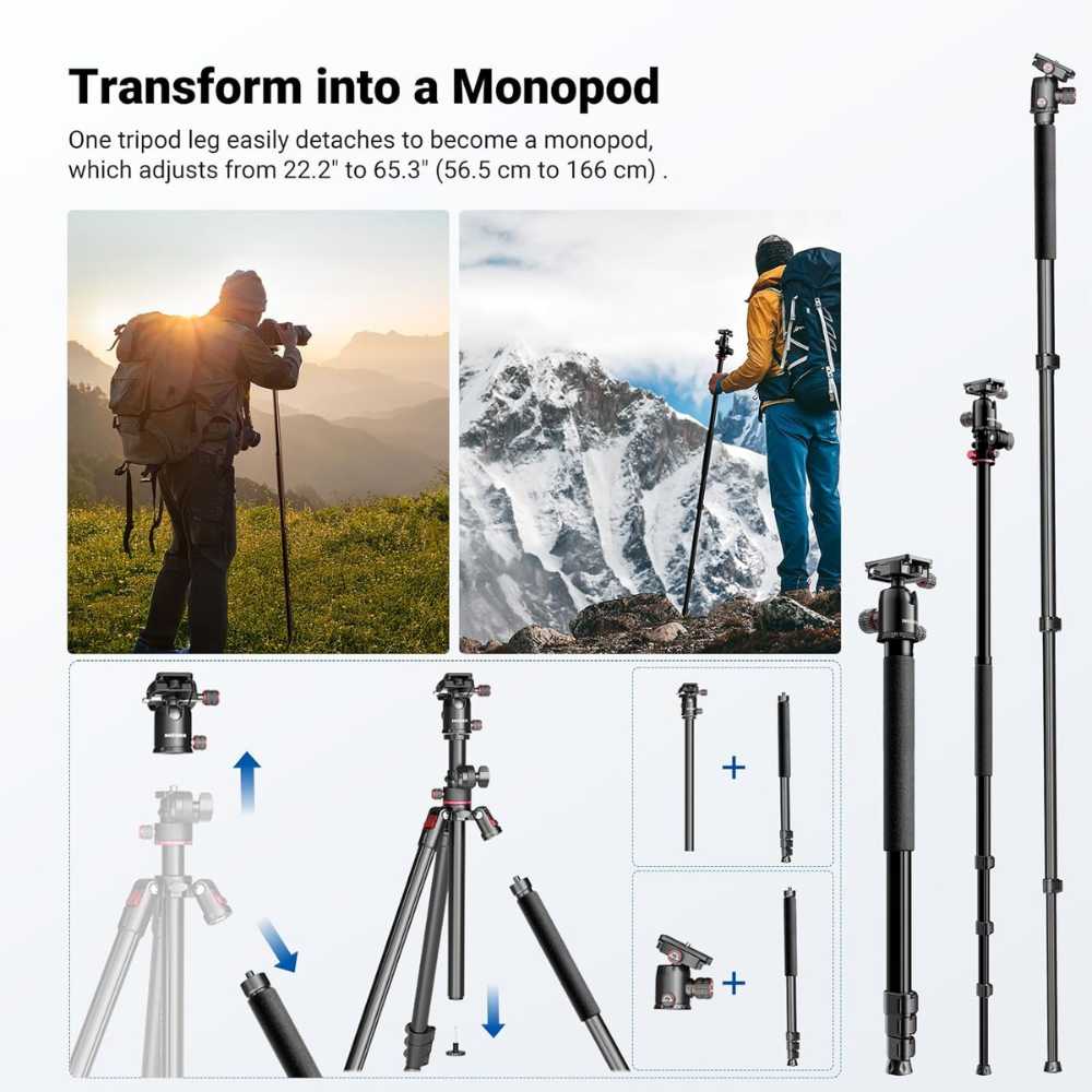  90 Inch Tall Overhead Horizontal Camera Tripod Monopod with Ball Head & Flexible Center Column, Metal DSLR Video Travel Stand, Arca Type QR Plate & Inverted Legs, Max Load 10 kg / 22 lbs, TP63