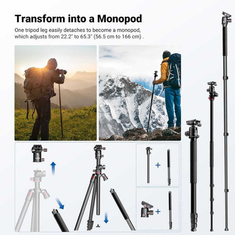  90 Inch Tall Overhead Horizontal Camera Tripod Monopod with Ball Head & Flexible Center Column, Metal DSLR Video Travel Stand, Arca Type QR Plate & Inverted Legs, Max Load 10 kg / 22 lbs, TP63