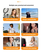 Four black clip-on mics with furry windscreens around a receiver, plus foam covers, a USB adapter and earphones