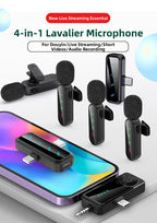 Four black clip-on mics with furry windscreens around a receiver, plus foam covers, a USB adapter and earphones