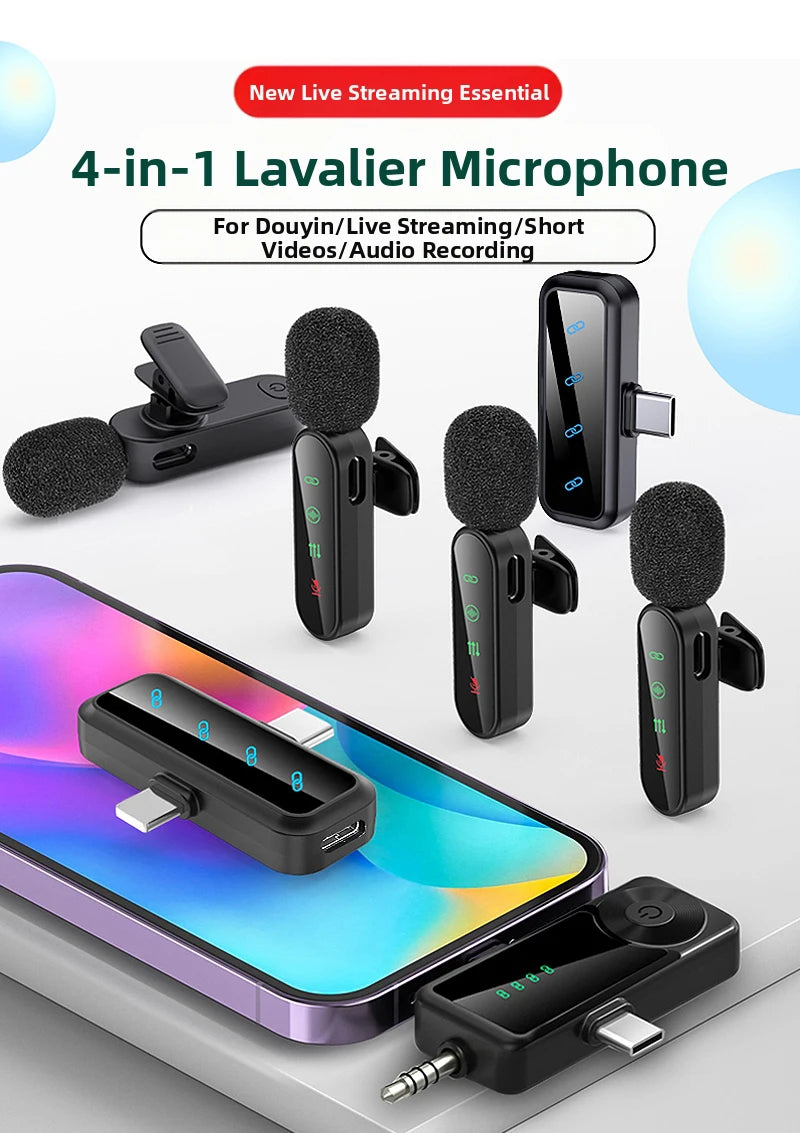 Four black clip-on mics with furry windscreens around a receiver, plus foam covers, a USB adapter and earphones