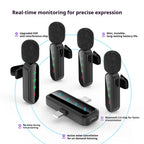 Four black clip-on mics with furry windscreens around a receiver, plus foam covers, a USB adapter and earphones