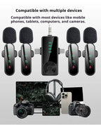 Four black clip-on mics with furry windscreens around a receiver, plus foam covers, a USB adapter and earphones