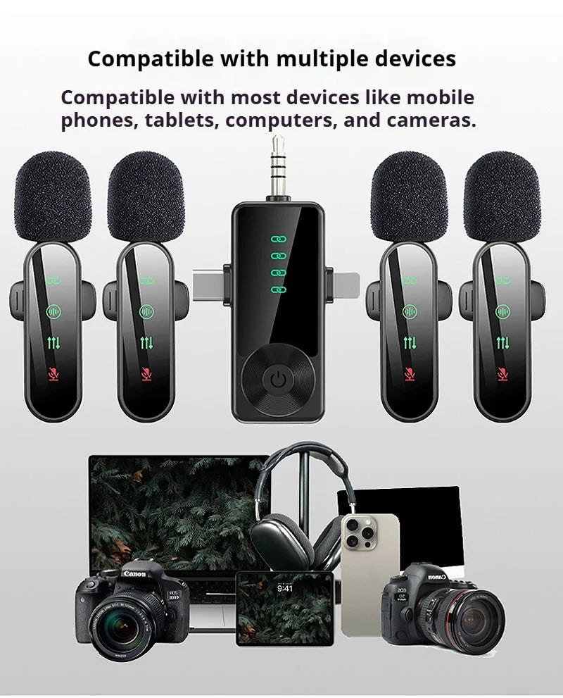 Four black clip-on mics with furry windscreens around a receiver, plus foam covers, a USB adapter and earphones