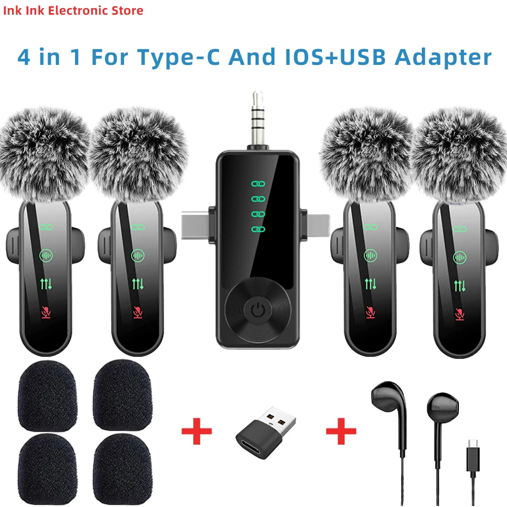 Four black clip-on mics with furry windscreens around a receiver, plus foam covers, a USB adapter and earphones