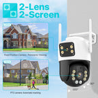 White outdoor security camera with two fixed lenses on top and a pan-tilt lens below, next to a phone showing three views