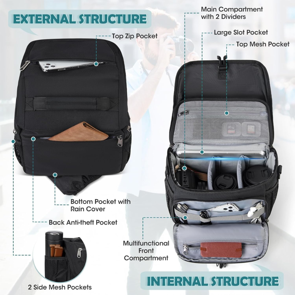 S-ZONE Waterbestendige Canvas Camera Sling Bag – Crossbody Tas Voor DSLR, Met Statiefhouder & Trolley Sleeve (Zwart, 24,5x13x18 Cm)