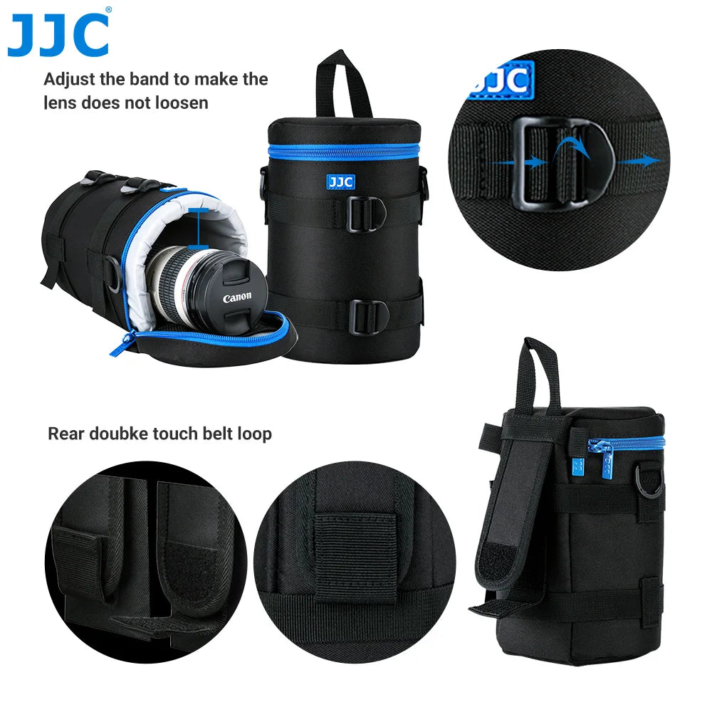 Seven black JJC lens pouches of different sizes with blue zip trim, next to a black shoulder strap