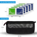 Cleaning kit with black mesh zip case, blower, lens pen, brush, spray bottle, swabs, wet and dry wipes, lens paper and cloth