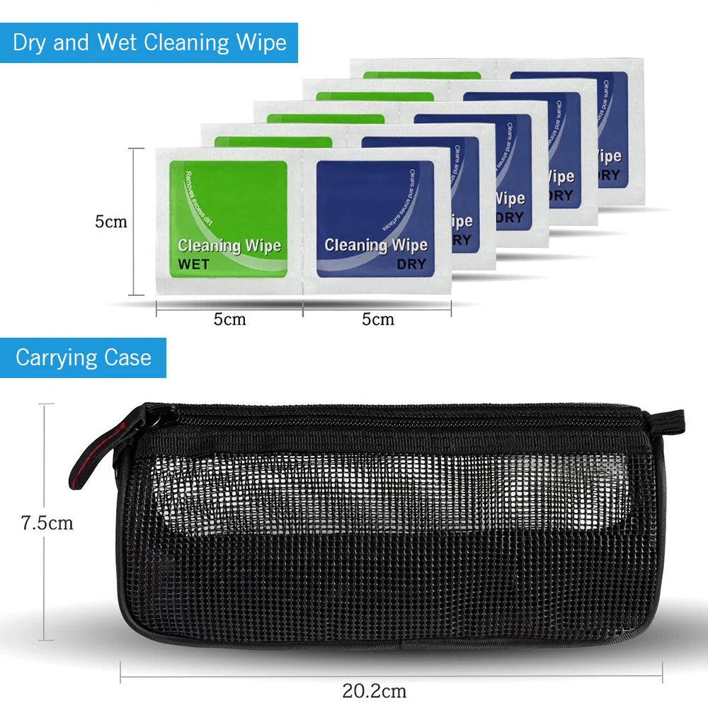 Cleaning kit with black mesh zip case, blower, lens pen, brush, spray bottle, swabs, wet and dry wipes, lens paper and cloth
