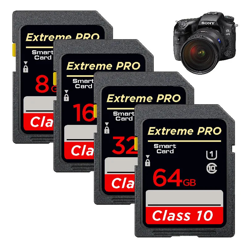Four black SD cards marked Extreme Pro Class 10 in 8, 16, 32 and 64GB, with a small Sony DSLR pictured top right