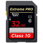 Four black SD cards marked Extreme Pro Class 10 in 8, 16, 32 and 64GB, with a small Sony DSLR pictured top right