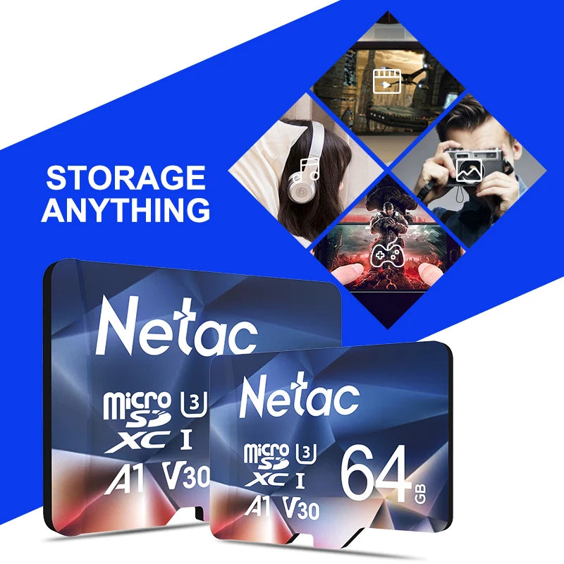 Five blue Netac microSD cards in a row marked 32, 64, 128, 256 and 512 GB on a white background