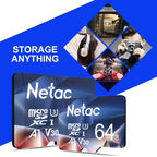 Five blue Netac microSD cards in a row marked 32, 64, 128, 256 and 512 GB on a white background
