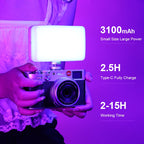 White pocket LED light with a small color screen, shown glowing in rainbow colors, with a diffuser cap, mount and cable