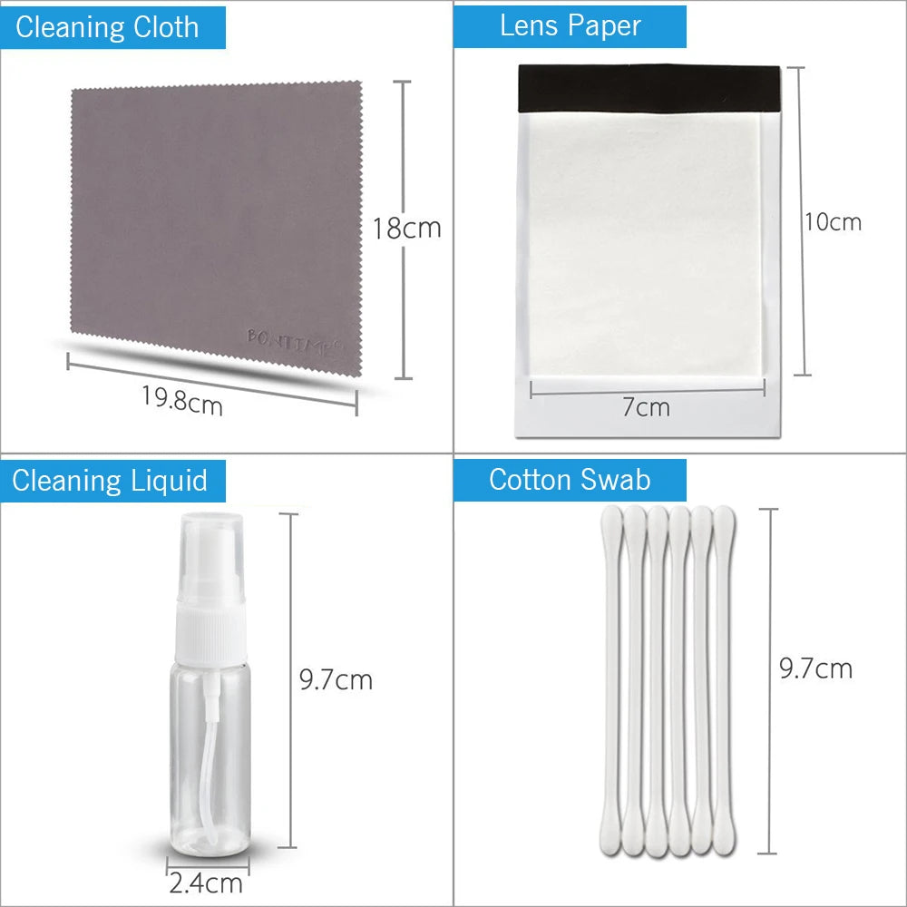 Cleaning kit with black mesh zip case, blower, lens pen, brush, spray bottle, swabs, wet and dry wipes, lens paper and cloth