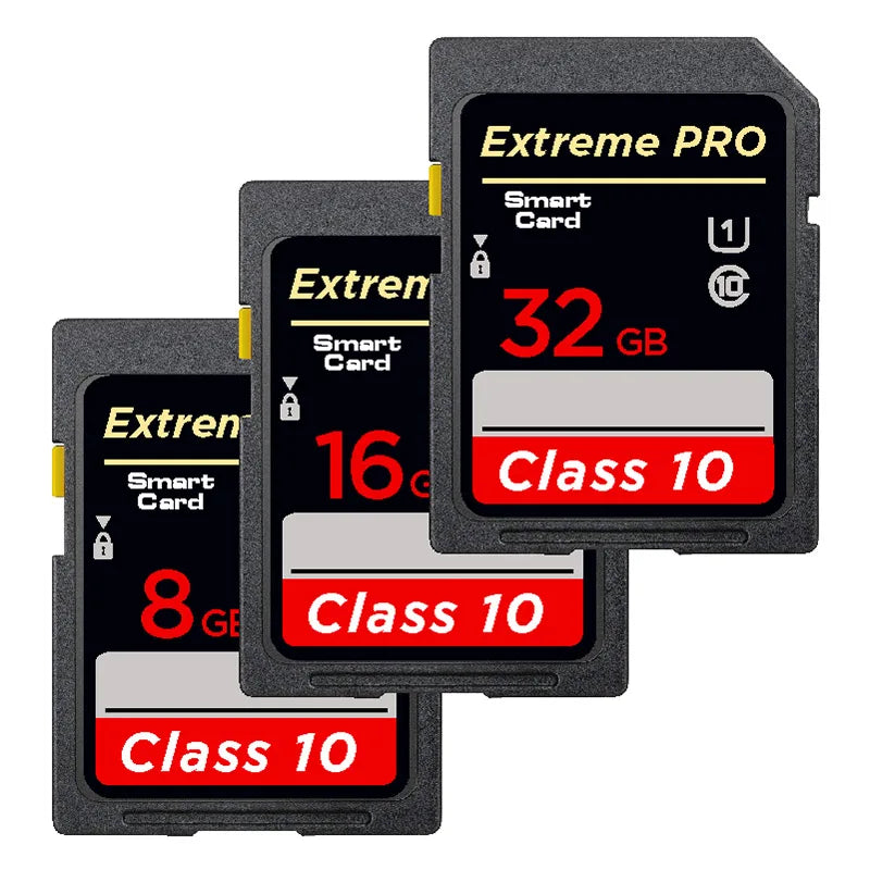 Four black SD cards marked Extreme Pro Class 10 in 8, 16, 32 and 64GB, with a small Sony DSLR pictured top right