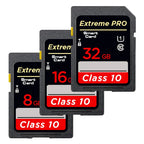 Four black SD cards marked Extreme Pro Class 10 in 8, 16, 32 and 64GB, with a small Sony DSLR pictured top right