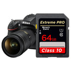 Four black SD cards marked Extreme Pro Class 10 in 8, 16, 32 and 64GB, with a small Sony DSLR pictured top right