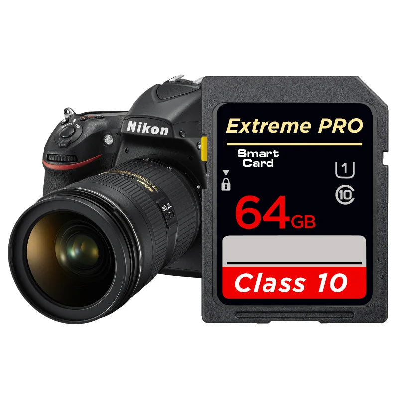 Four black SD cards marked Extreme Pro Class 10 in 8, 16, 32 and 64GB, with a small Sony DSLR pictured top right