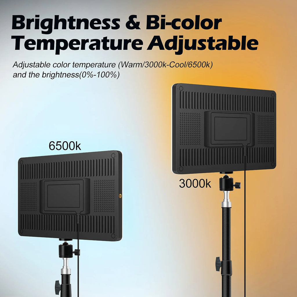 Three slim LED video panels on adjustable tripod stands against a pale blue set, with warm and cool color swatches
