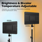 Three slim LED video panels on adjustable tripod stands against a pale blue set, with warm and cool color swatches