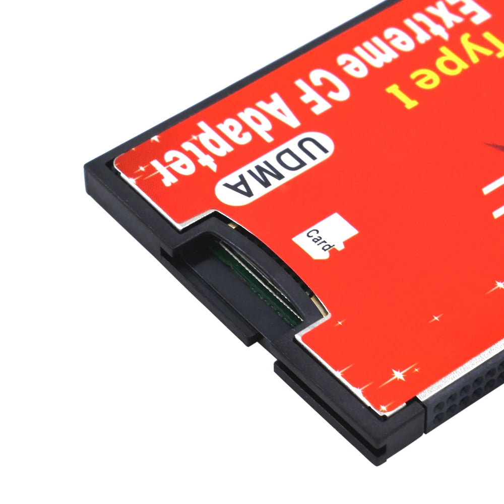 Red and black CompactFlash-size adapter labelled microSDXC Type I UDMA Extreme CF Adapter