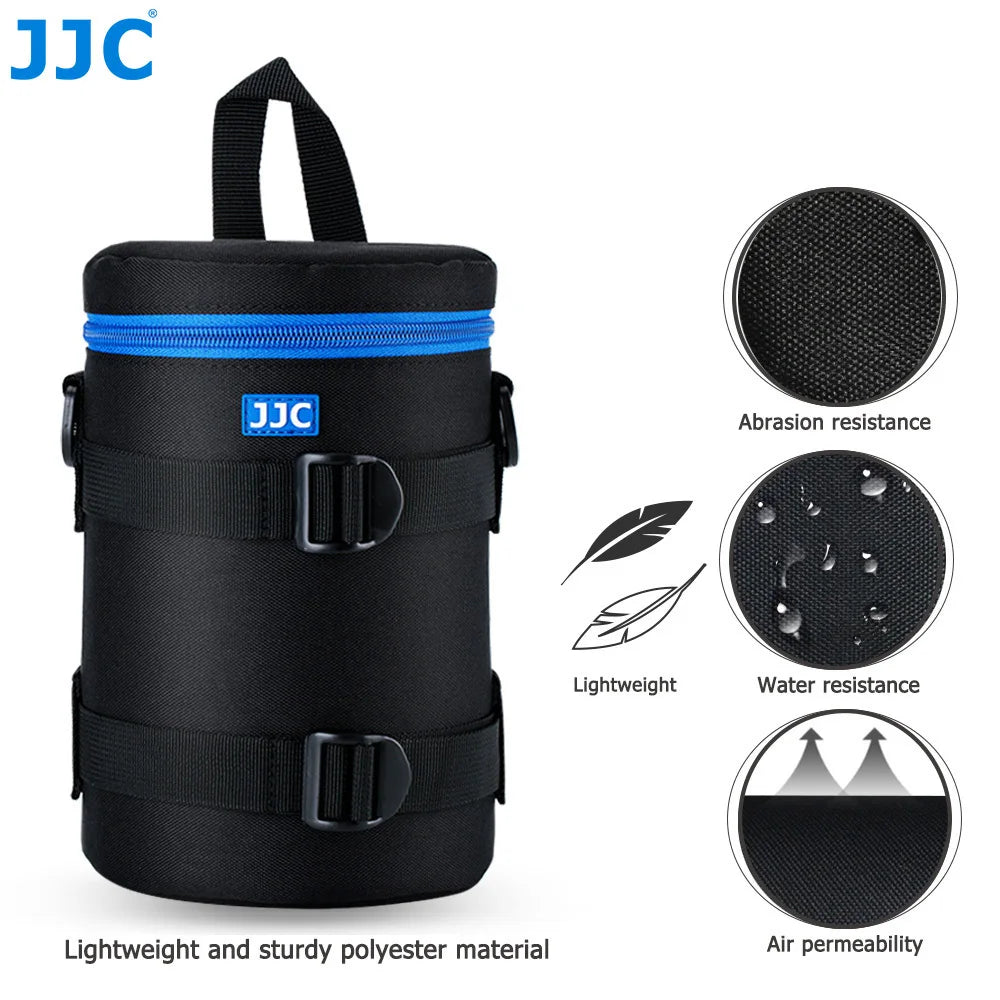 Seven black JJC lens pouches of different sizes with blue zip trim, next to a black shoulder strap