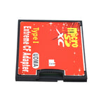 Red and black CompactFlash-size adapter labelled microSDXC Type I UDMA Extreme CF Adapter