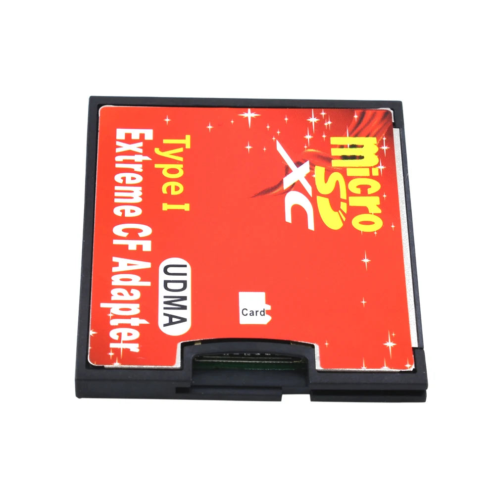 Red and black CompactFlash-size adapter labelled microSDXC Type I UDMA Extreme CF Adapter