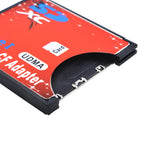 Red and black Tishric adapter the size of a CompactFlash card, marked SDXC Type I UDMA Extreme CF Adapter