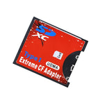 Red and black Tishric adapter the size of a CompactFlash card, marked SDXC Type I UDMA Extreme CF Adapter