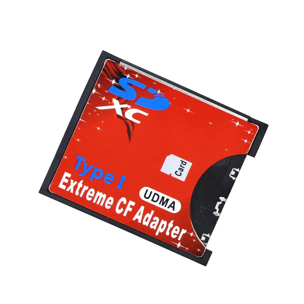 Red and black Tishric adapter the size of a CompactFlash card, marked SDXC Type I UDMA Extreme CF Adapter