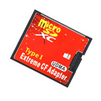 Red and black CompactFlash-size adapter labelled microSDXC Type I UDMA Extreme CF Adapter