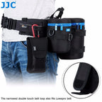 Seven black JJC lens pouches of different sizes with blue zip trim, next to a black shoulder strap