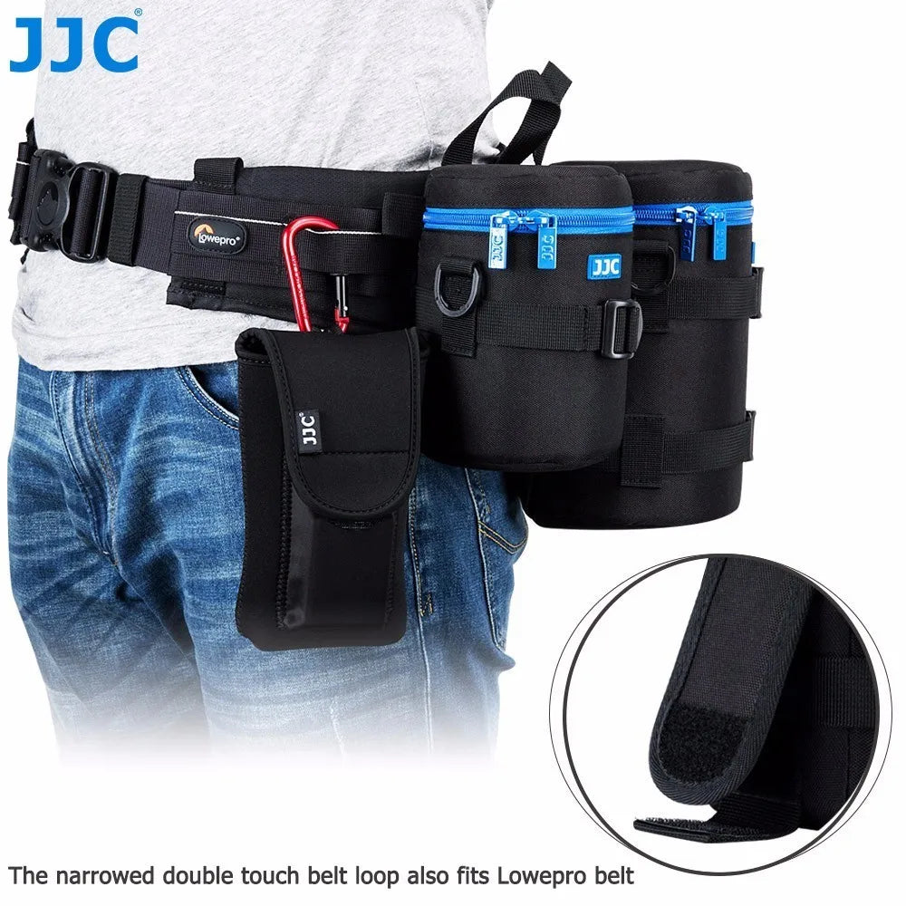 Seven black JJC lens pouches of different sizes with blue zip trim, next to a black shoulder strap