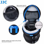 Seven black JJC lens pouches of different sizes with blue zip trim, next to a black shoulder strap
