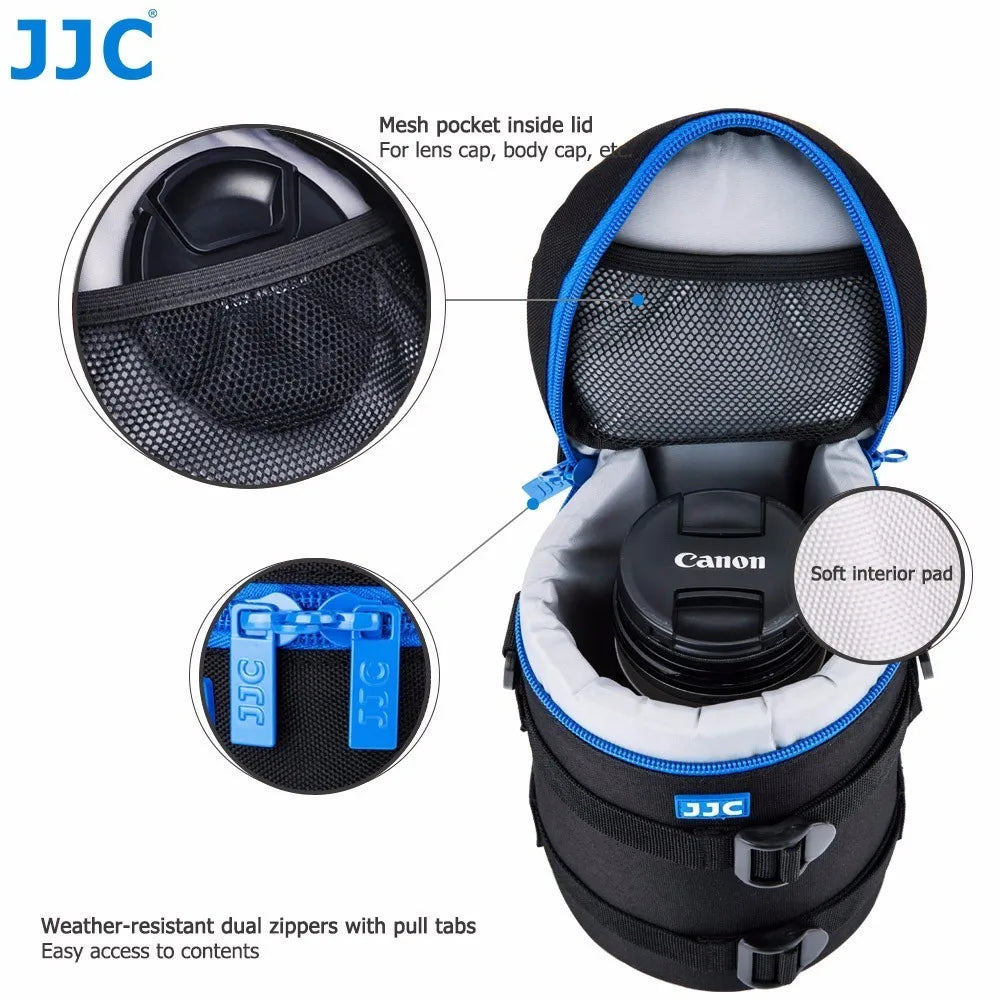 Seven black JJC lens pouches of different sizes with blue zip trim, next to a black shoulder strap