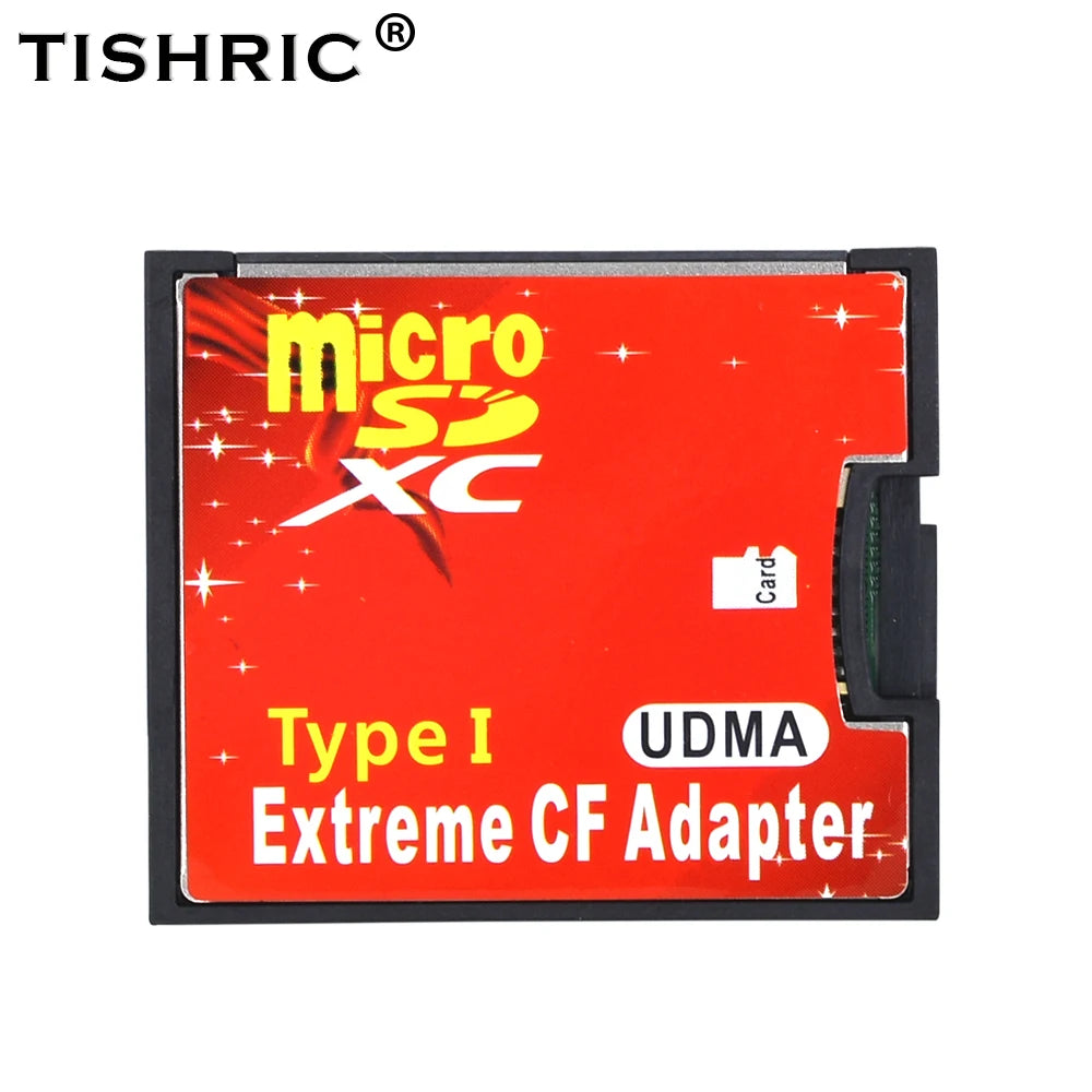 Red and black CompactFlash-size adapter labelled microSDXC Type I UDMA Extreme CF Adapter