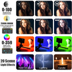 White pocket LED light with a small color screen, shown glowing in rainbow colors, with a diffuser cap, mount and cable