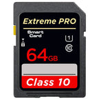 Four black SD cards marked Extreme Pro Class 10 in 8, 16, 32 and 64GB, with a small Sony DSLR pictured top right