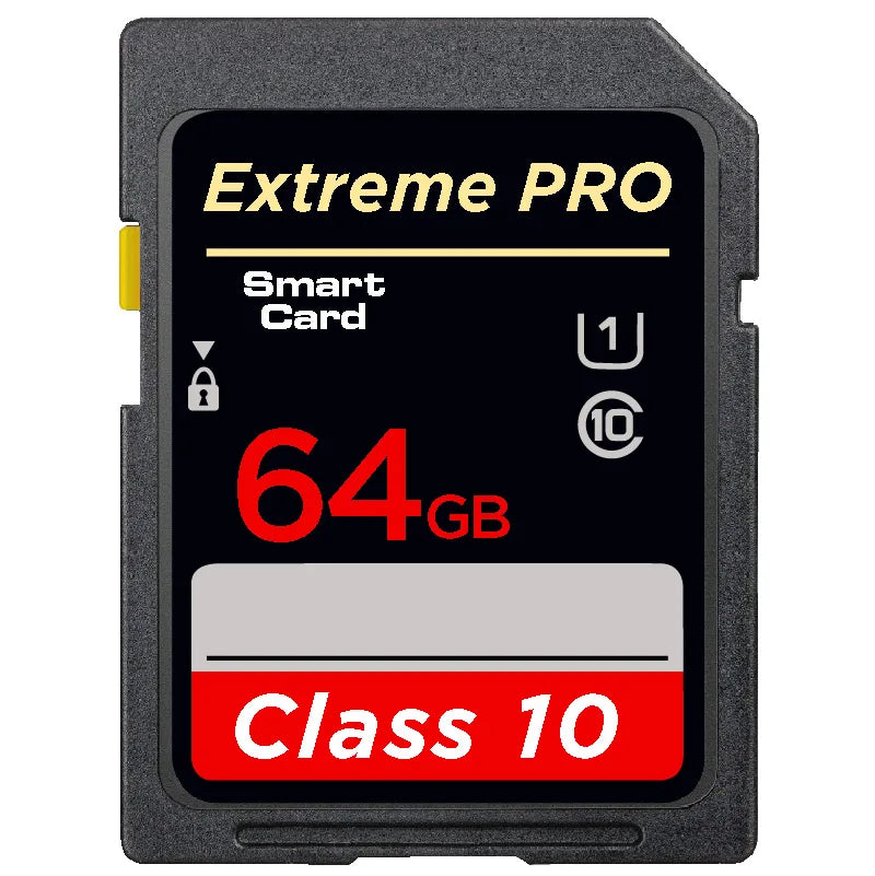 Four black SD cards marked Extreme Pro Class 10 in 8, 16, 32 and 64GB, with a small Sony DSLR pictured top right