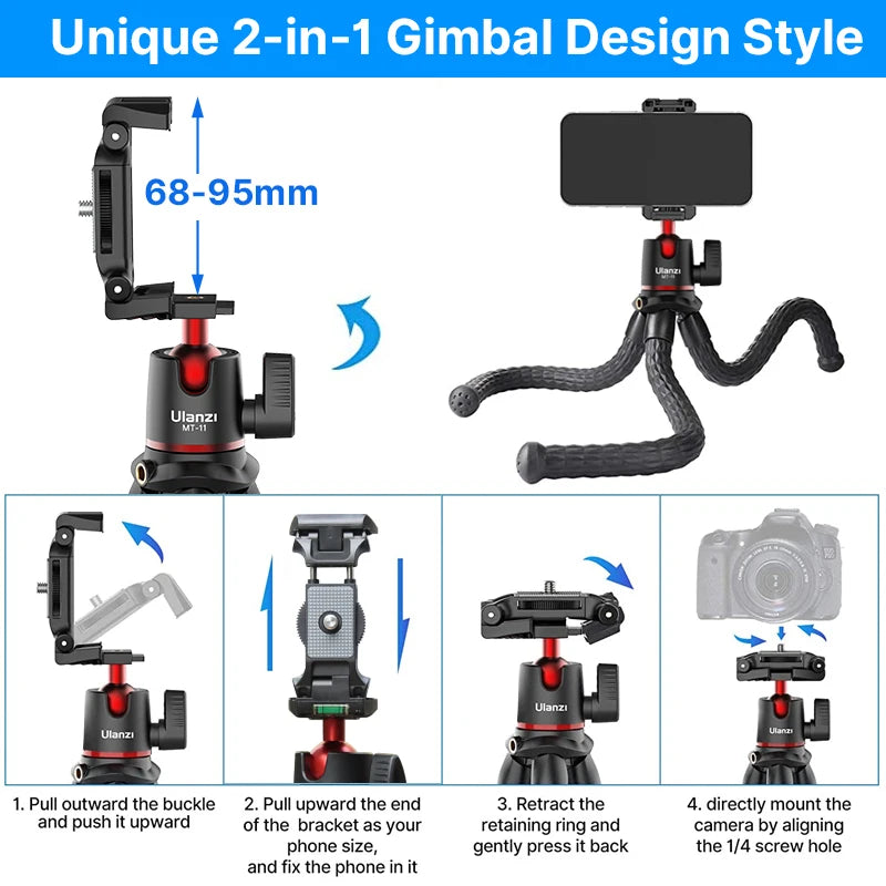 Hand holding a Ulanzi MT-11 bendable-leg tripod with a red-trimmed ball head under a DSLR, plus phone and camera views