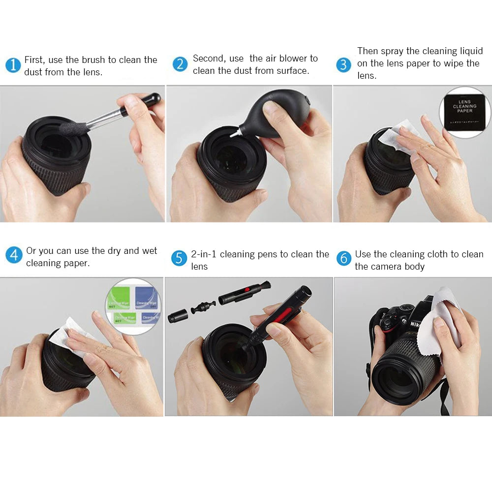 Cleaning kit with black mesh zip case, blower, lens pen, brush, spray bottle, swabs, wet and dry wipes, lens paper and cloth