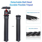 Hand holding a Ulanzi MT-11 bendable-leg tripod with a red-trimmed ball head under a DSLR, plus phone and camera views