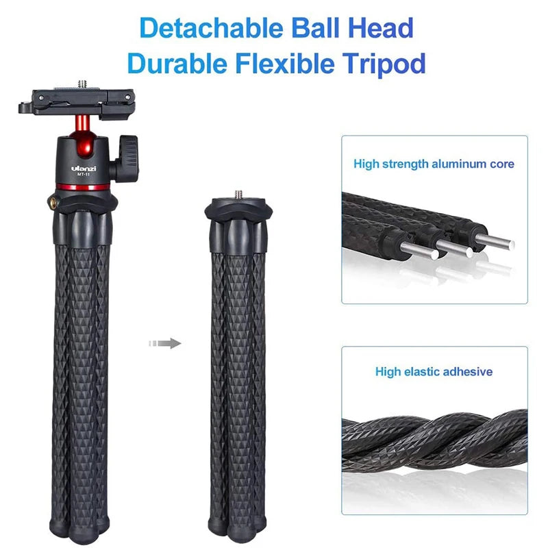 Hand holding a Ulanzi MT-11 bendable-leg tripod with a red-trimmed ball head under a DSLR, plus phone and camera views