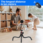 Hand holding a Ulanzi MT-11 bendable-leg tripod with a red-trimmed ball head under a DSLR, plus phone and camera views