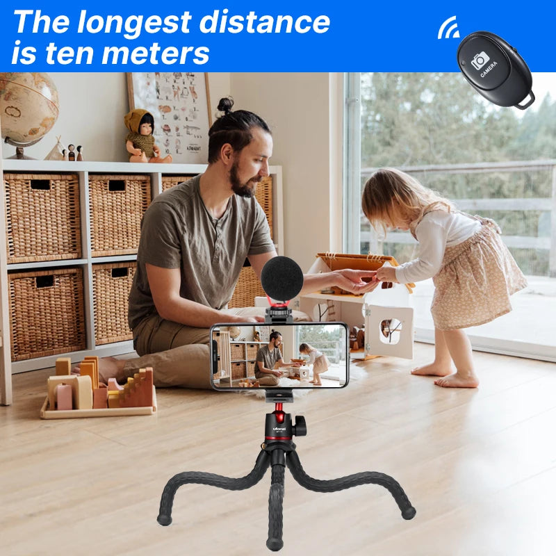 Hand holding a Ulanzi MT-11 bendable-leg tripod with a red-trimmed ball head under a DSLR, plus phone and camera views
