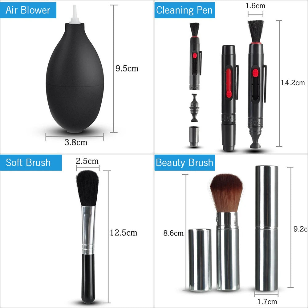 Cleaning kit with black mesh zip case, blower, lens pen, brush, spray bottle, swabs, wet and dry wipes, lens paper and cloth
